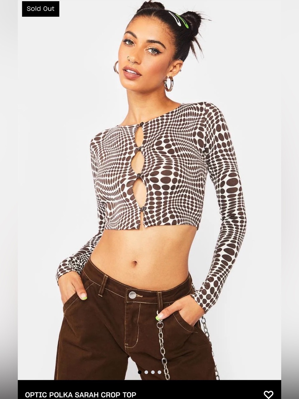Motel Optic Polka Sarah Crop Top optical illusion button long sleeve Dolls Kill
